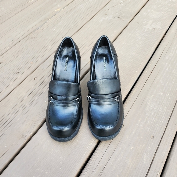 Vintage 90s y2k Bratz Black Faux Vegan Leather Horsebit Vamp Moc Toe Chunky Heel - Picture 4 of 8